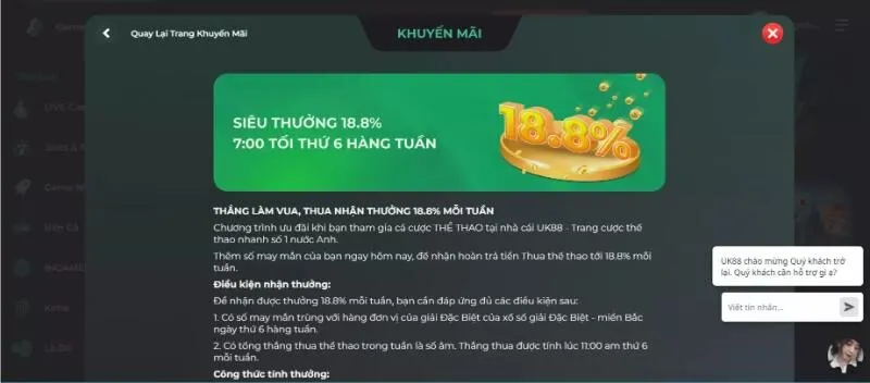 Khuyến mại: Siêu thưởng 18.8% vào 7:00 tối thứ 6 hàng tuần